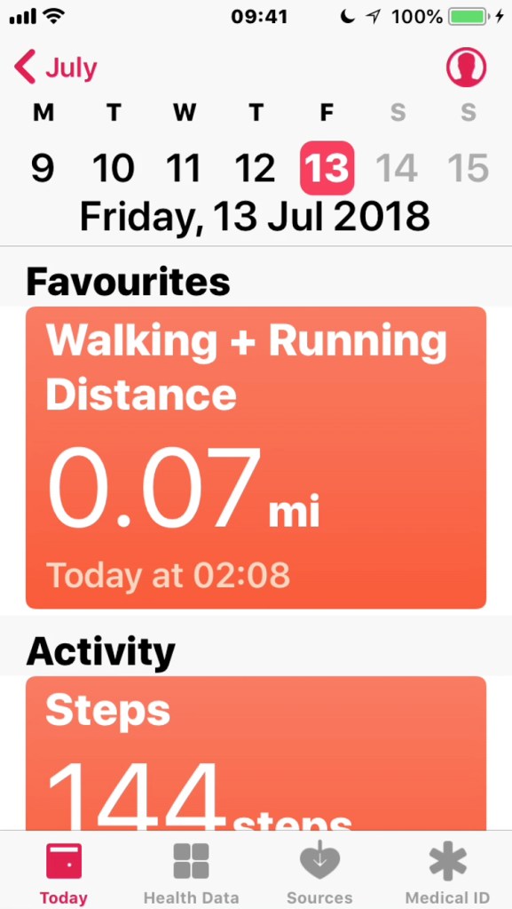 iPhone screenshot of the Health app, showing how far I've walked that day. At the bottom are options for Today, Health Data, Sources and Medical ID.