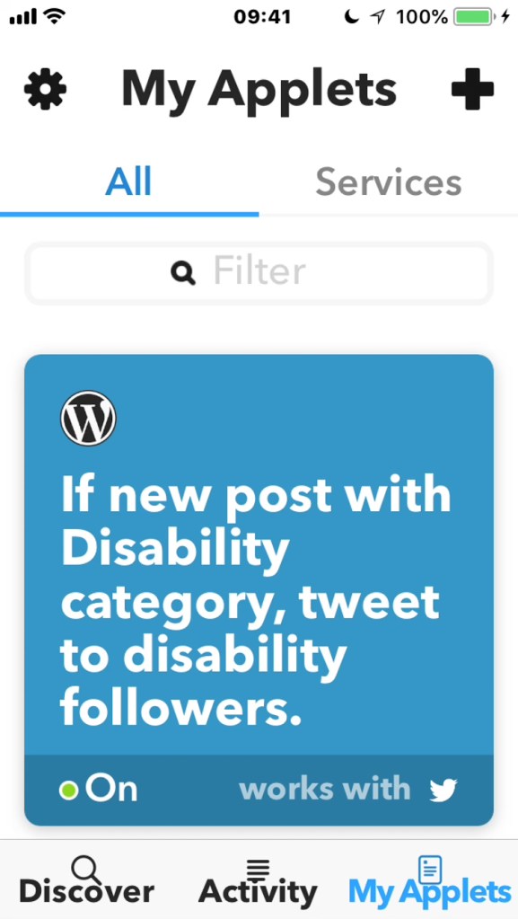 iPhone screenshot of the IFTTT app, showing an applet which will automatically tweet selected disability followers if I make a new post in the Disability category.
