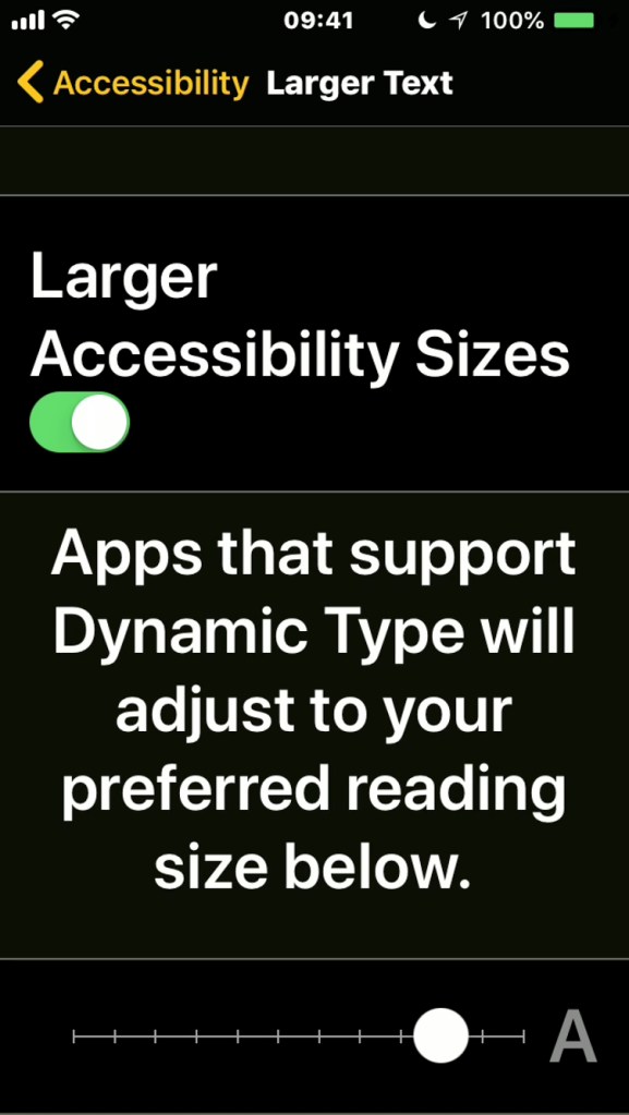 iPhone screenshot of the Larger Text settings, with a slider to adjust the text size.