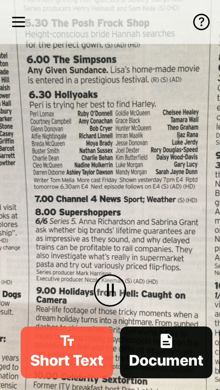 iPhone screenshot of the Seeing AI app, on the Short Text tab, looking at the camera image of the Channel 4 schedule in the TV guide.