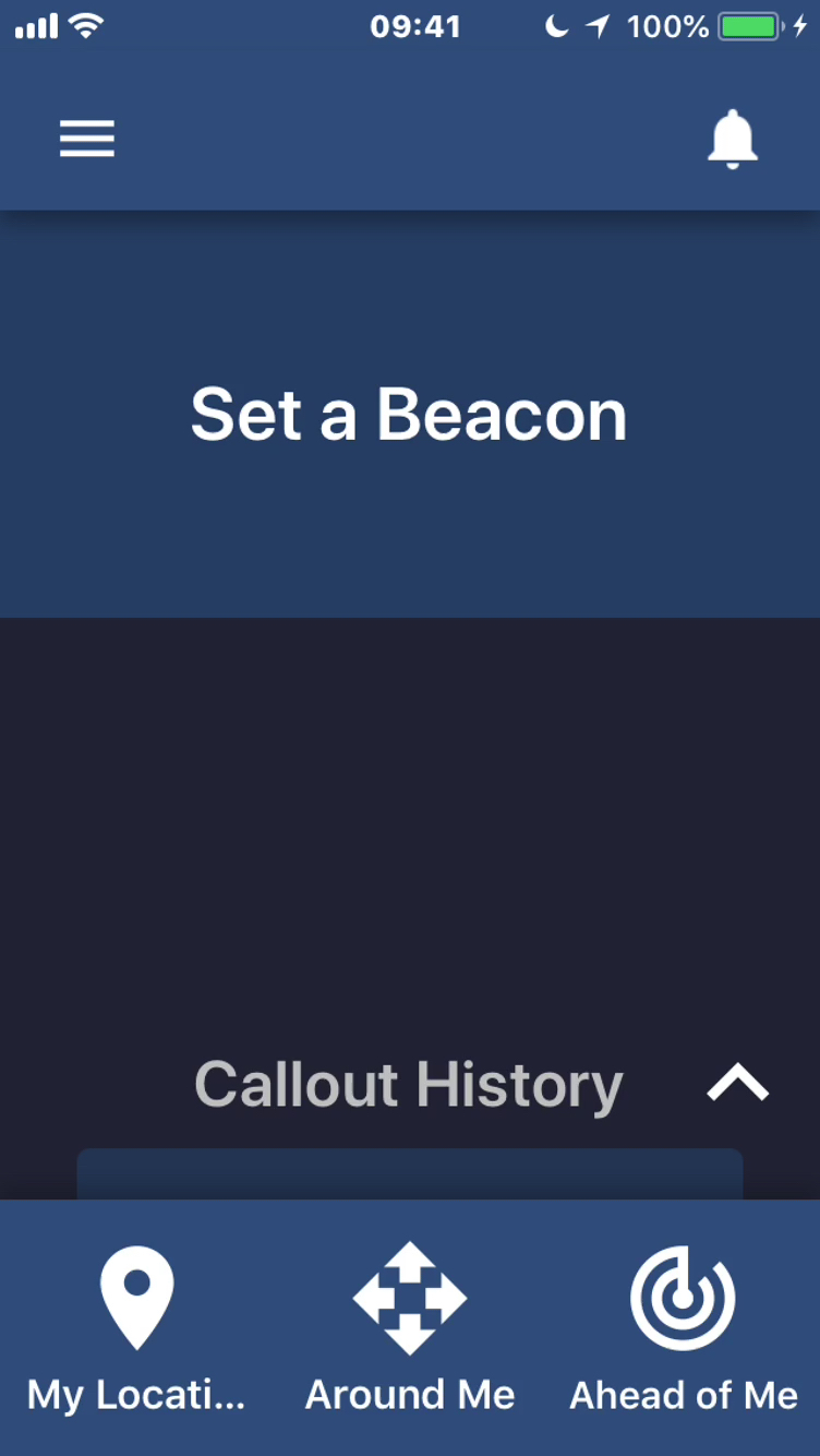 iPhone screenshot of the Soundscape app, with options to hear what's around and ahead of you, and to set a beacon for your current position.