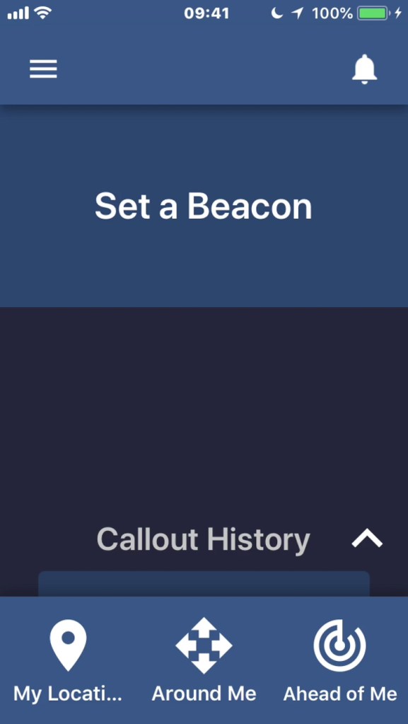 iPhone screenshot of the Soundscape app, with options to hear what's around and ahead of you, and to set a beacon for your current position.