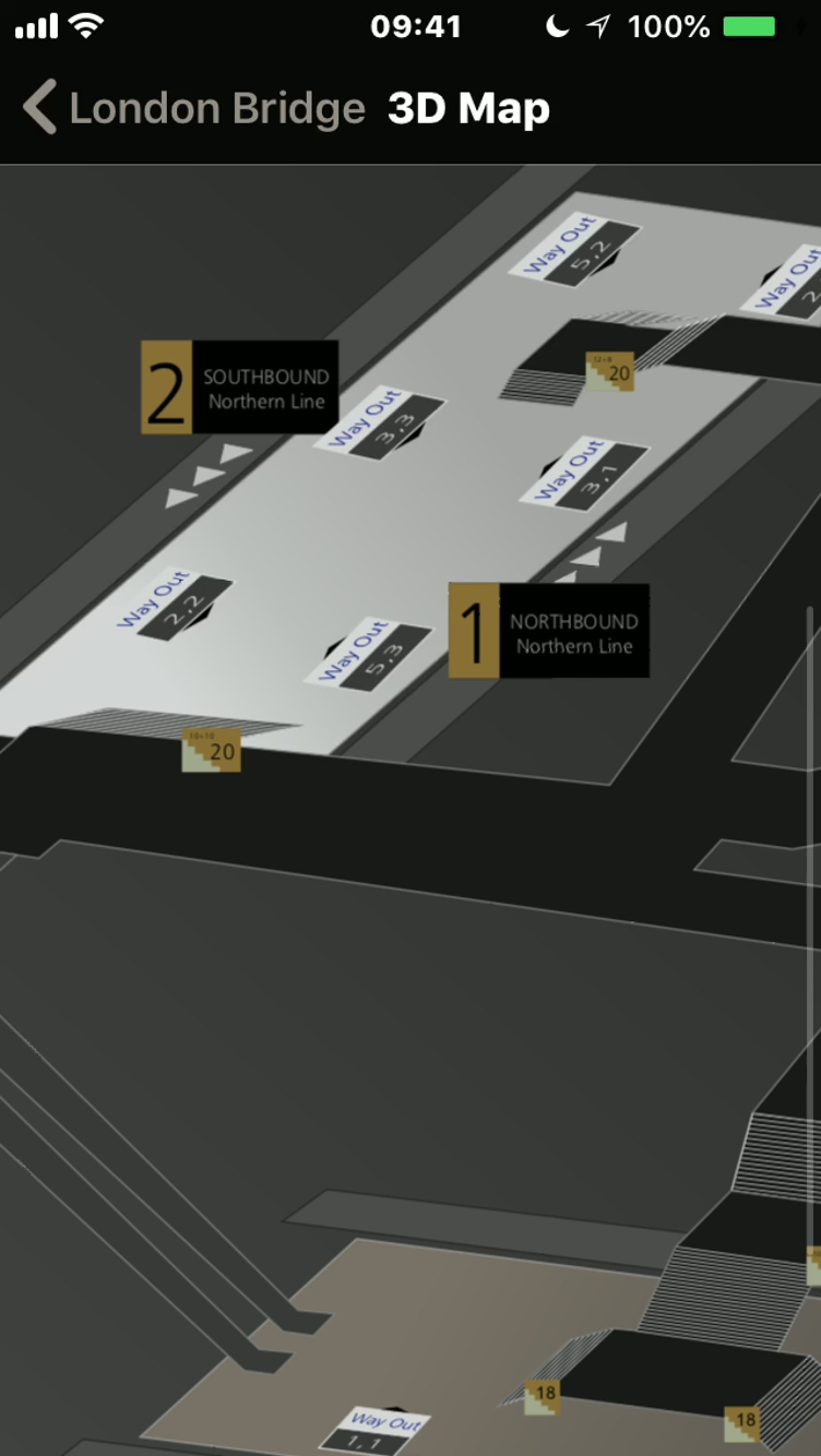 iPhone screenshot of the Station Master app, showing a close-up view of the Northern Line platforms on a 3D map of London Bridge station.
