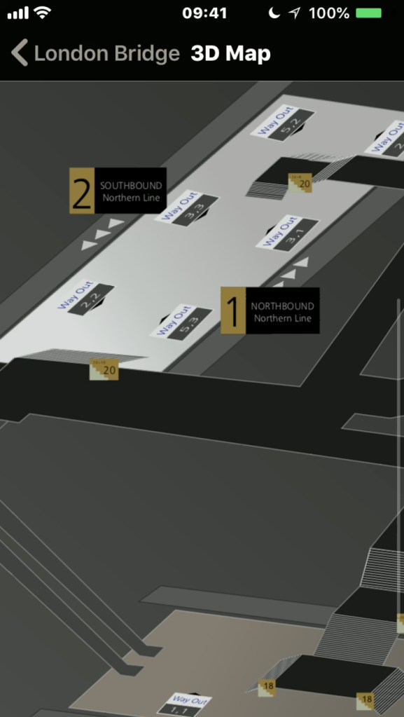 iPhone screenshot of the Station Master app, showing a close-up view of the Northern Line platforms on a 3D map of London Bridge station.
