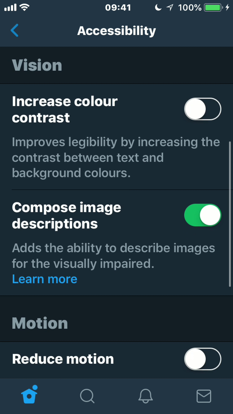 iPhone screenshot showing part of the Twitter Accessibility settings, including options to increase colour contrast and compose image descriptions.