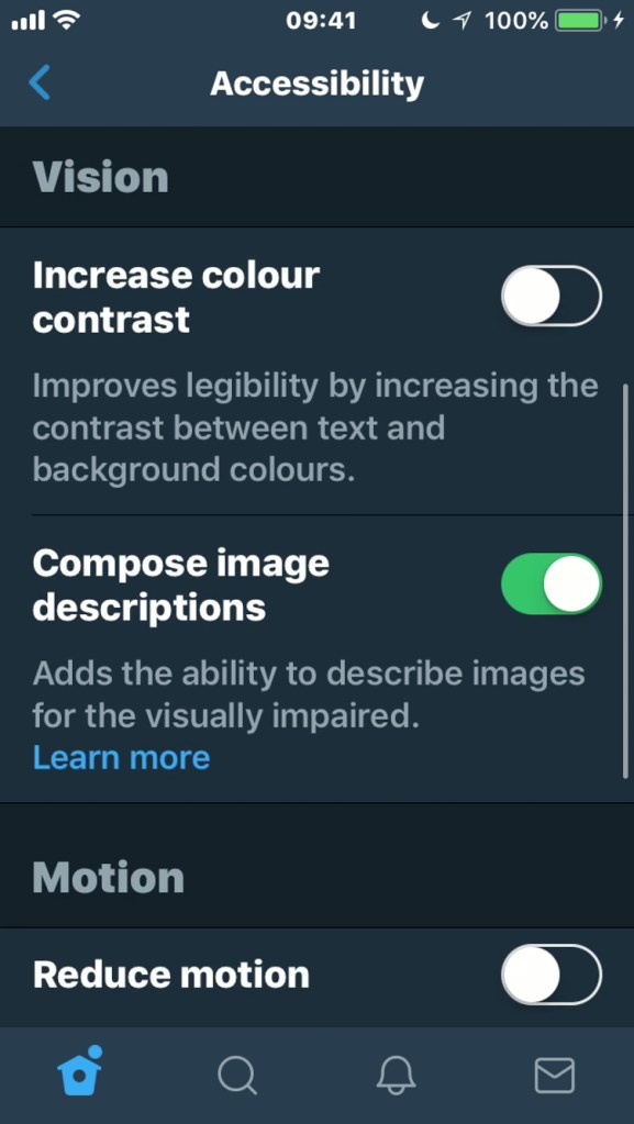iPhone screenshot showing part of the Twitter Accessibility settings, including options to increase colour contrast and compose image descriptions.