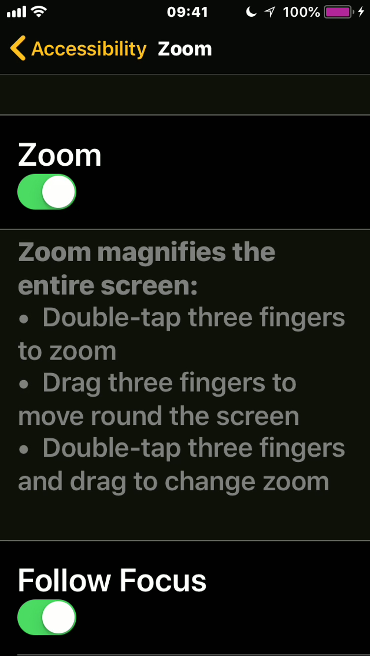 iPhone screenshot of the Zoom menu, explaining the gestures - double-tap 3 fingers to zoom, drag 3 fingers to move round the screen, and double-tap 3 fingers then drag to change teh zoom.