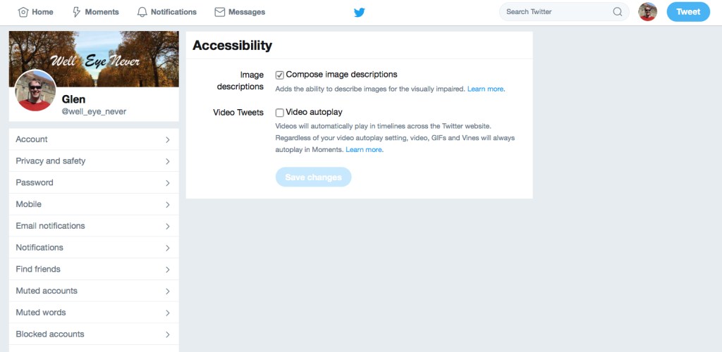 Screenshot of the Accessibility page in the Twitter settings, featuring a tick box to Compose Image Descriptions. Below it is a line of text that says it adds the ability to describe images for the visually impaired.