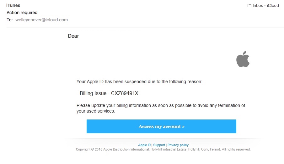 Screenshot of iTunes scam email