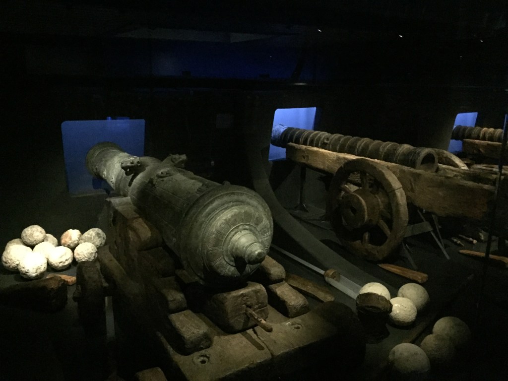 3 large cannons and some cannonballs from the Mary Rose