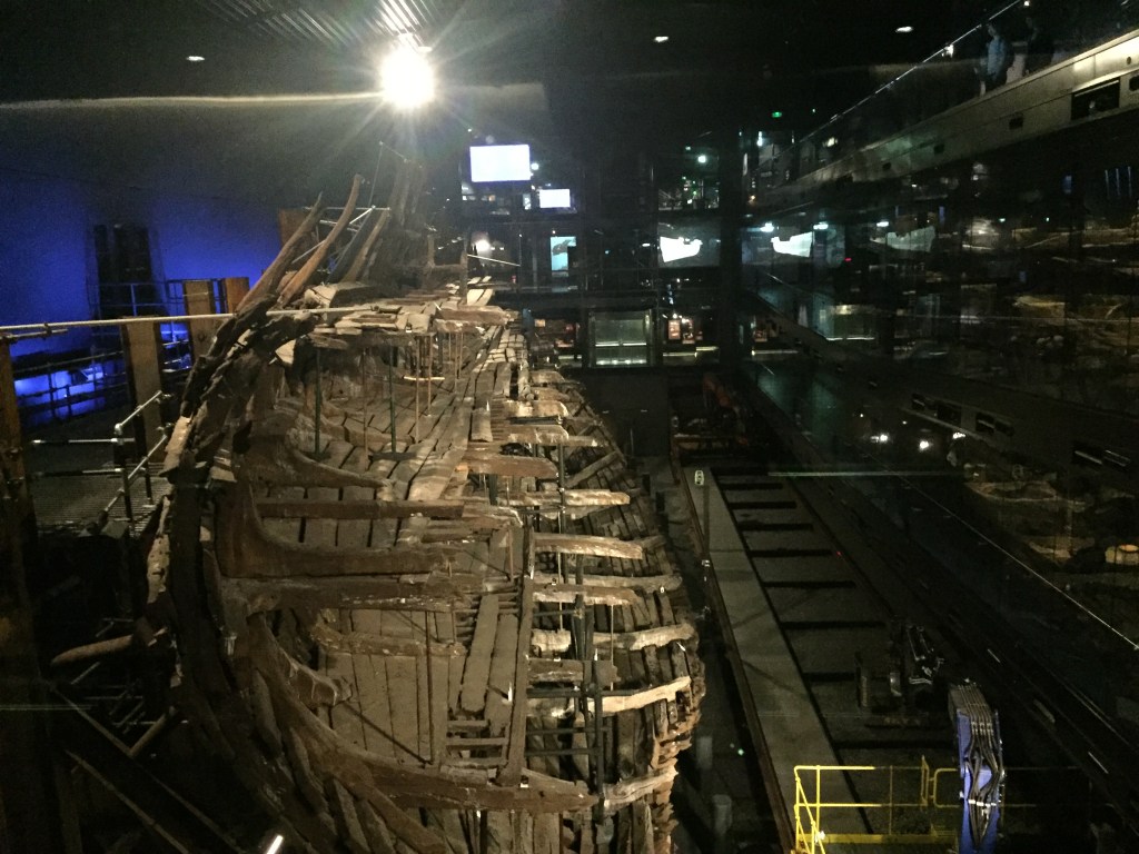 The partially rebuilt and very large wooden structure of the Mary Rose ship.