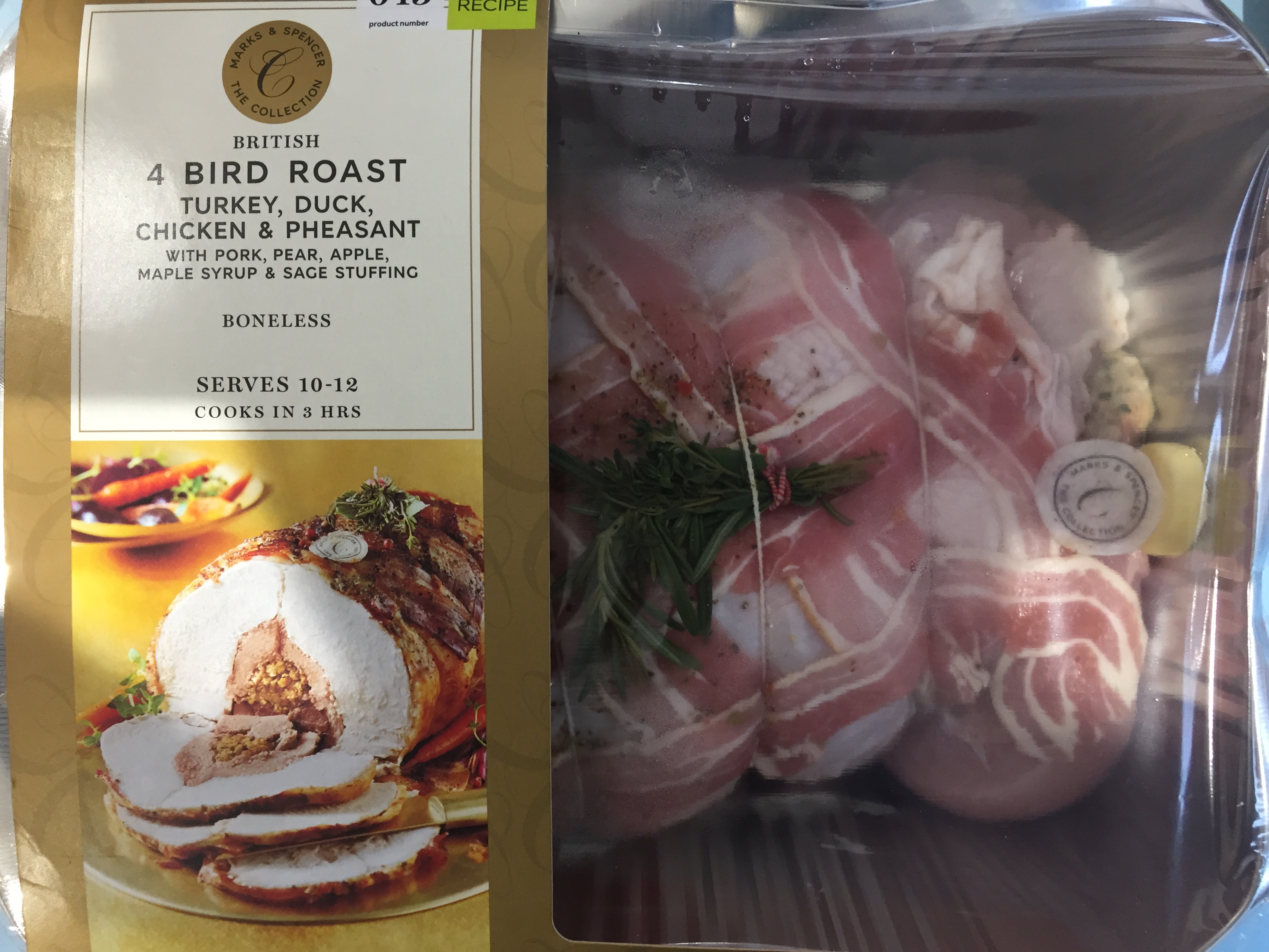 Marks & Spencer 4 bird roast, consisting of turkey, duck, chicken and pheasant, with pork, pear, apple, maple syrup and sage stuffing.