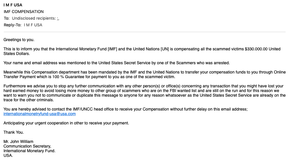 Screenshot of IMF scam email