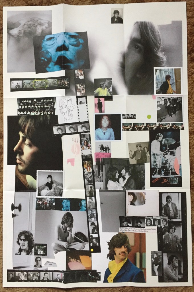 Large poster featuring a varied and colourful collage of photos of The Beatles.