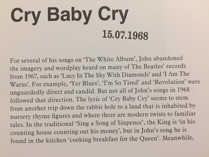 Extract from the book in the White Album box set by The Beatles, discussing the song Cry Baby Cry. The text includes a misspelling of I Am The Walrus, missing the letter L in the last word.