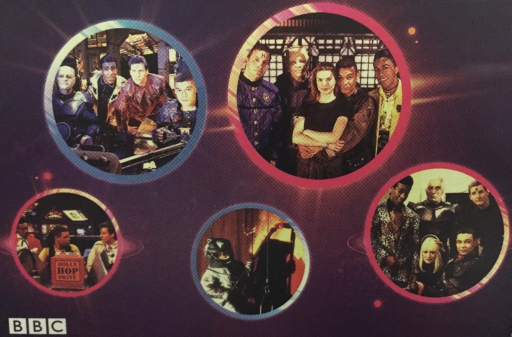 Circles with multi-coloured borders, 4 containing images of the crew of Red Dwarf, and one featuring an image of Dave Lister in his spacesuit as he paints the outside of the ship with a large roller.