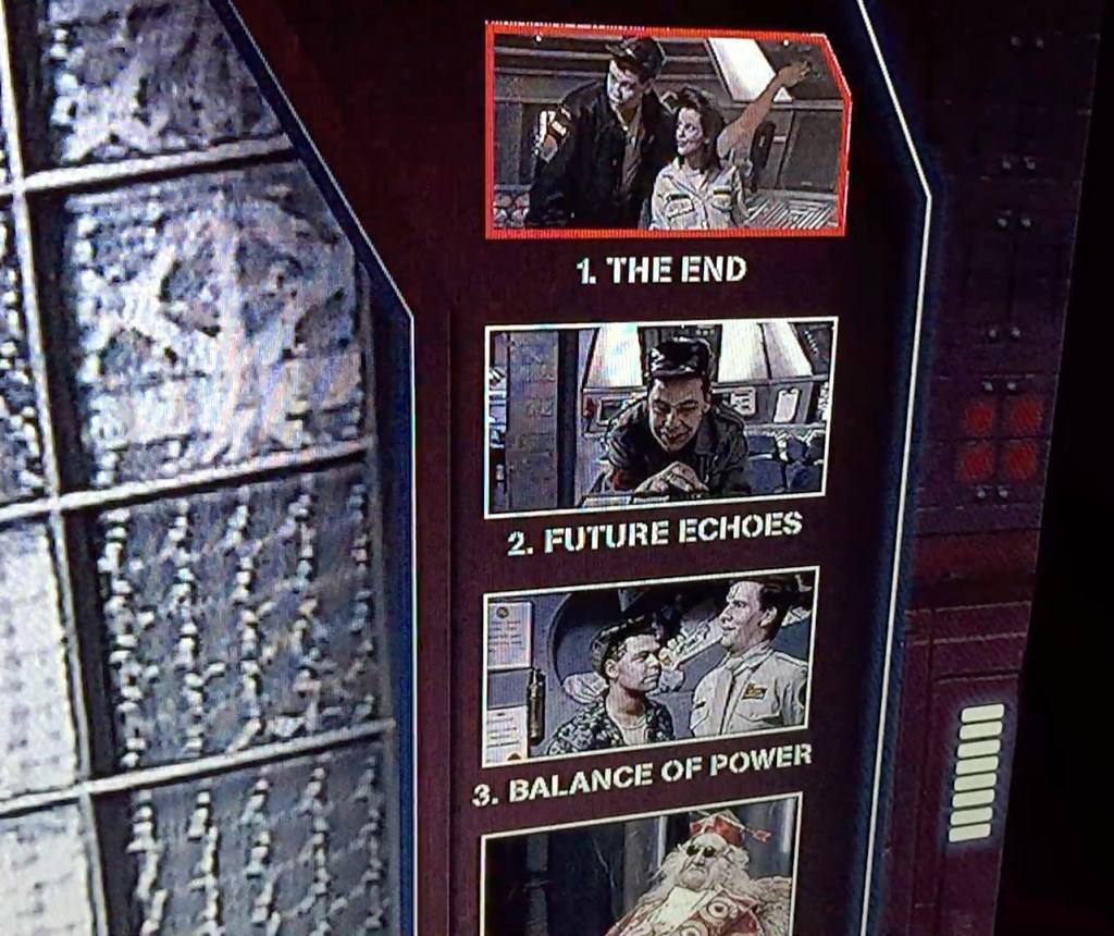 Close-up of the episodes menu on the Red Dwarf series 1 Blu-ray disc, showing thumbnail images from each episode above its number and title.