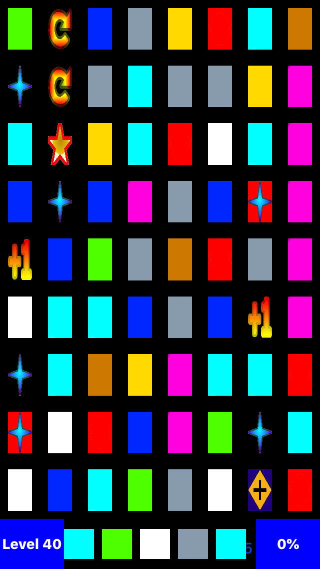 An 8 by 9 grid of coloured tiles, including some special tiles with icons including a star or a cross, or the text +1. At the bottom of the screen, the status bar shows that this is level 40, the next 5 tiles will be blue, green, white, grey and blue, and 0% of the level is complete.