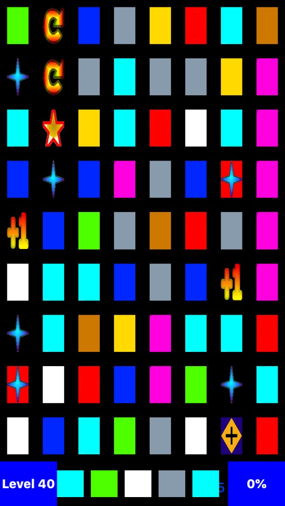 An 8 by 9 grid of coloured tiles, including some special tiles with icons including a star or a cross, or the text +1. At the bottom of the screen, the status bar shows that this is level 40, the next 5 tiles will be blue, green, white, grey and blue, and 0% of the level is complete.