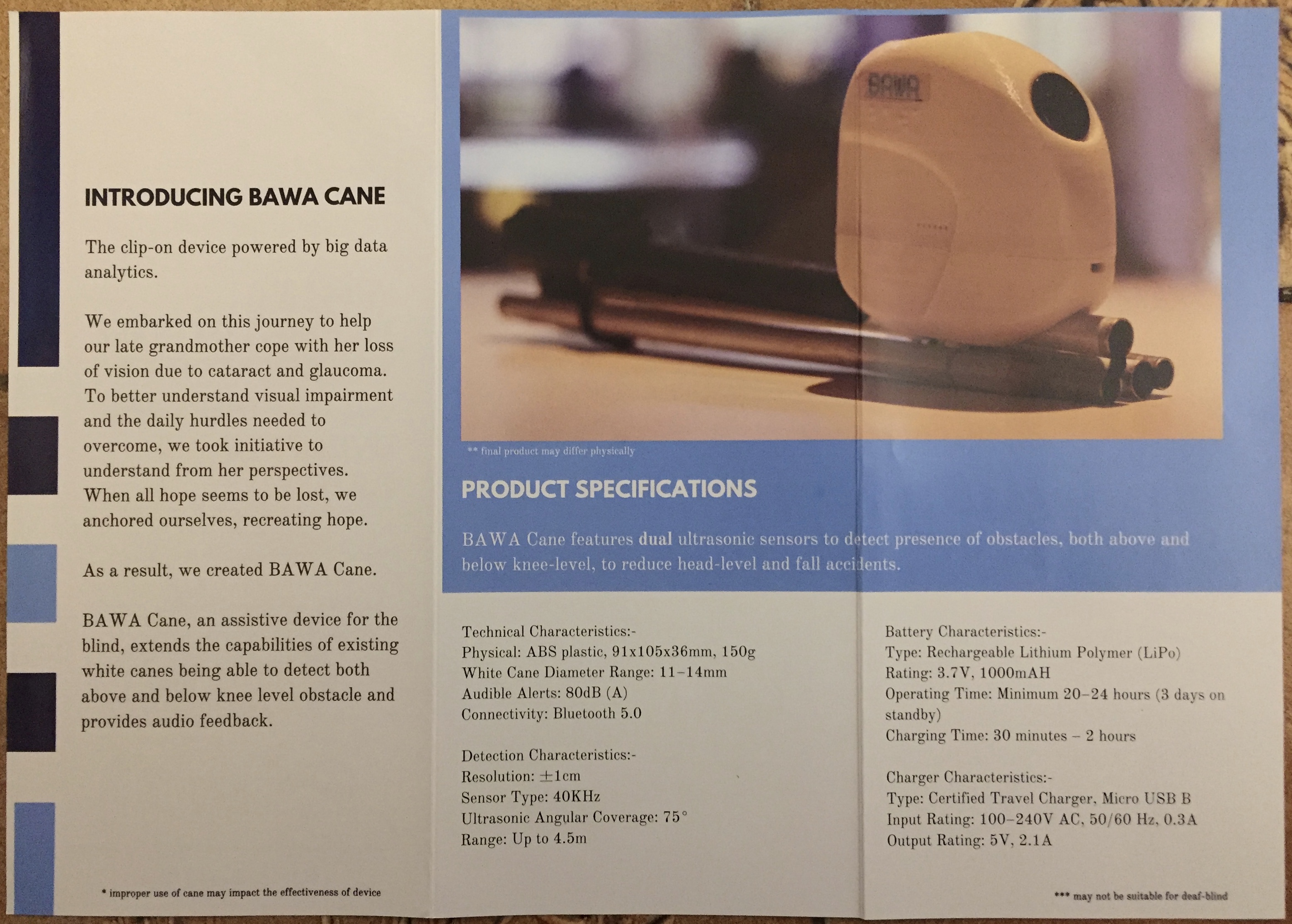 BAWA Cane leaflet, showing the white block with curved edges that attaches to a long cane. Part of the text says BAWA contains dual ultrasonic sensors to detect presence of obstacles, both above and below knee-level, to reduce head-level and fall accidents.
