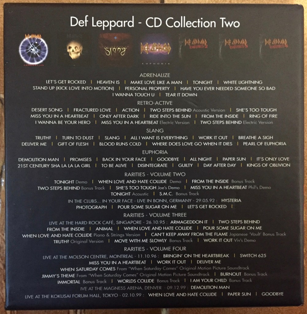 Rear of the box for Def Leppard's CD Collection Volume 2, showing the tracks on each disc. Includes the albums Adrenalize, Retro-Active, Slang, Euphoria, and 3 CDs of rarities.