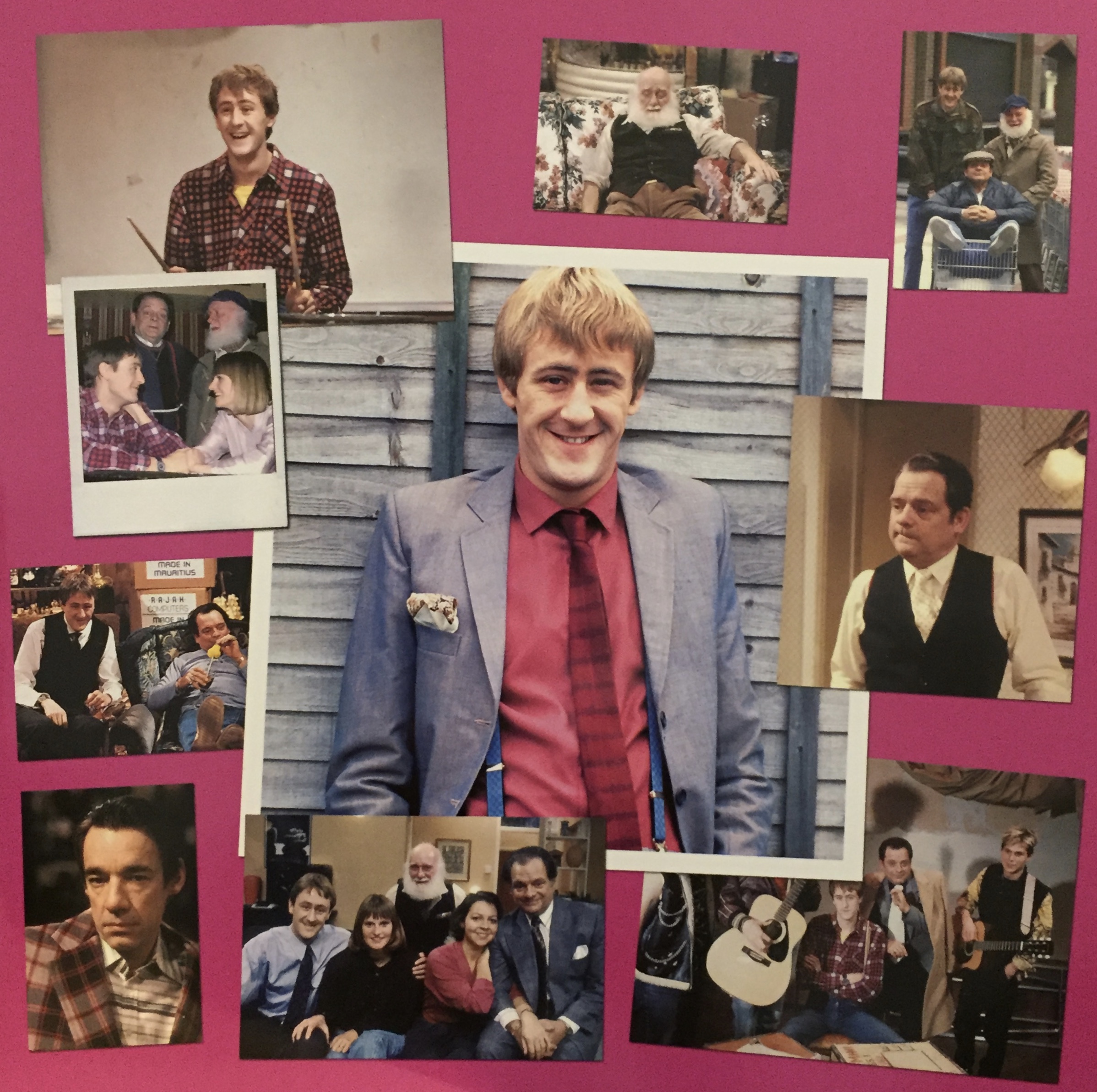 Collage of photos from Only Fools And Horses, featuring Rodney, Del Boy, Uncle Albert, Cassandra, Raquel and Trigger.