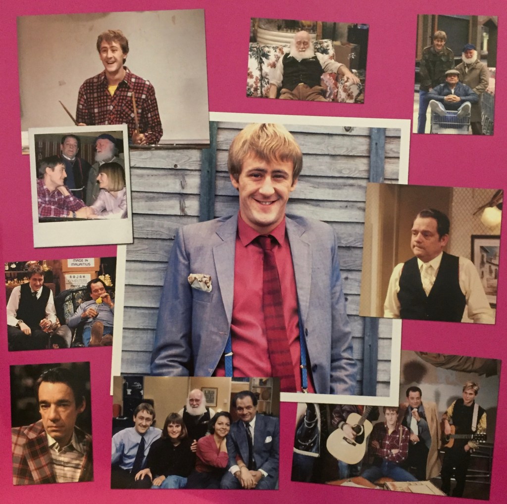 Collage of photos from Only Fools And Horses, featuring Rodney, Del Boy, Uncle Albert, Cassandra, Raquel and Trigger.