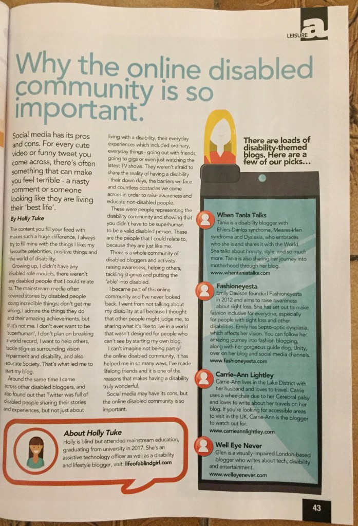 Able Magazine article by Holly Tuke, entitled Why The Online Disabled Community Is So Important. To its right is a sidebar recommending the bloggers When Tania Talks, Fashioneyesta, Carrie-Ann Lightley and Well Eye Never.