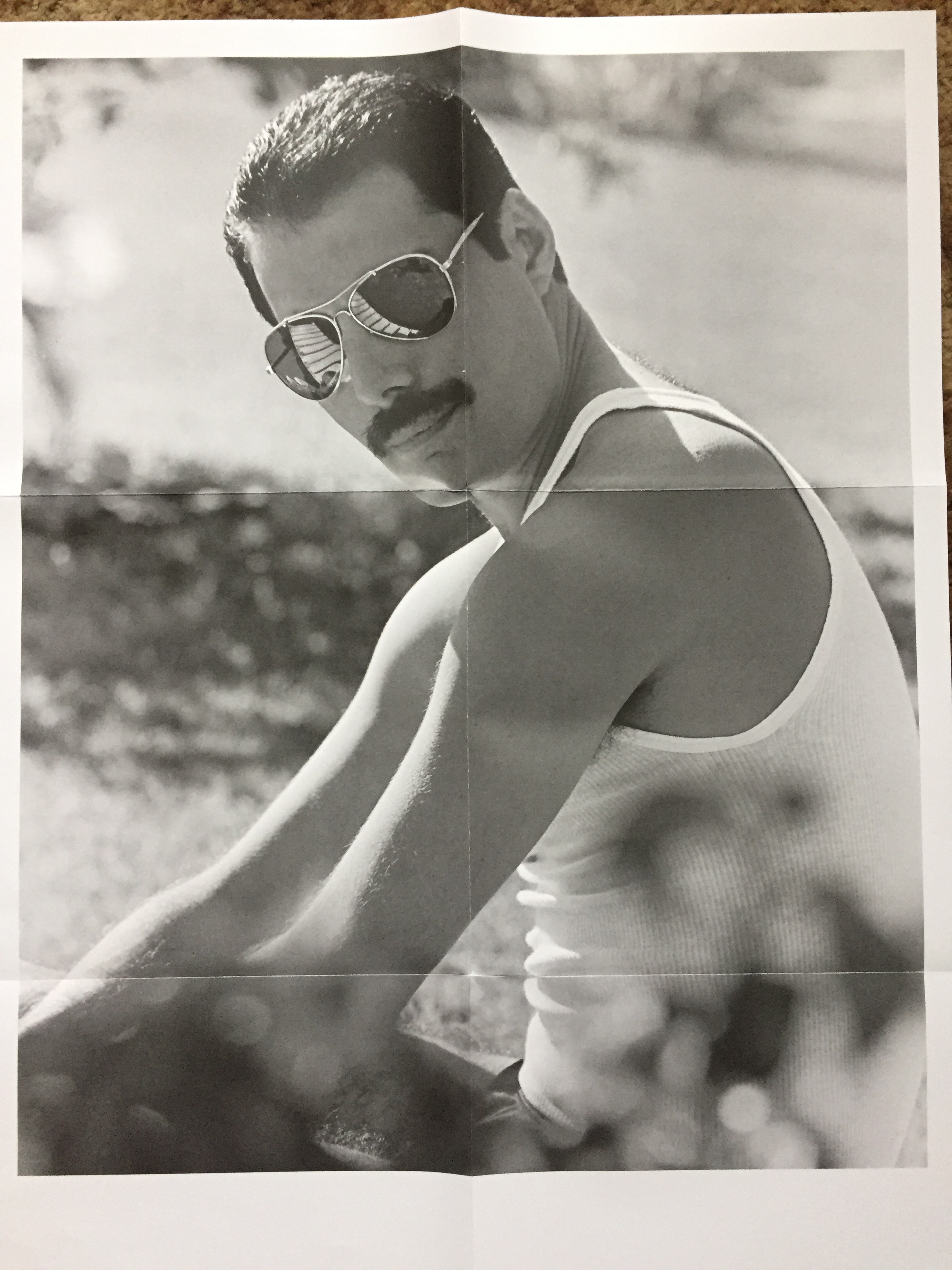 Large poster featuring a black and white photo of Freddie Mercury, sitting outside in the sunshine wearing a vest and sunglasses.