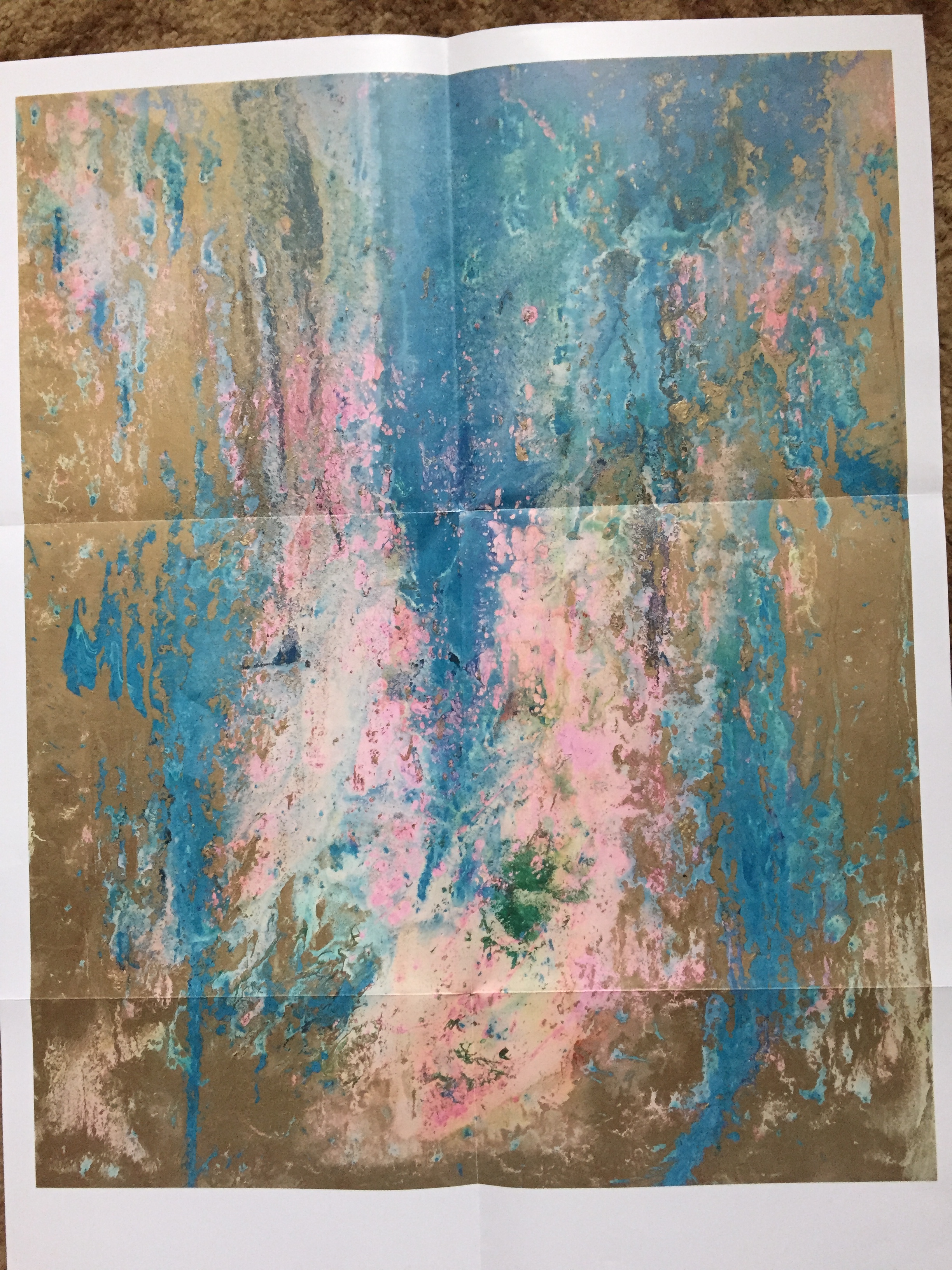 Poster showing a painting by Jack Coulter, who has synesthesia, translating the Mr Bad Guy song into colours. While the paint is spread seemingly at random, large areas of white and blue dominate, particularly in the vertical middle third of the painting, which graduates from blue at the top to white at the bottom. The sides have varying degrees of light brown, along with blue and white patches.
