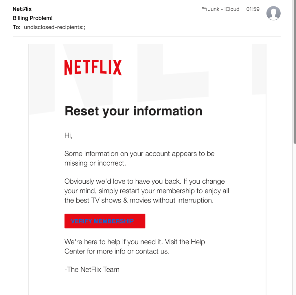 Screenshot of Netflix scam email