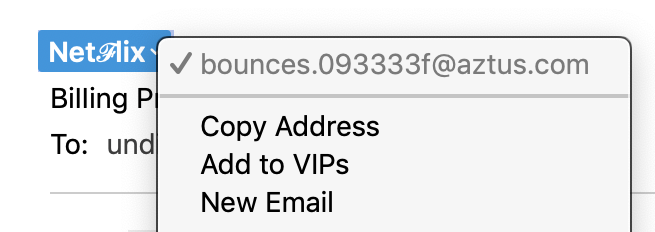 Screenshot of the From address from a Netflix scam email. The address comes from aztus.com, not Netflix.