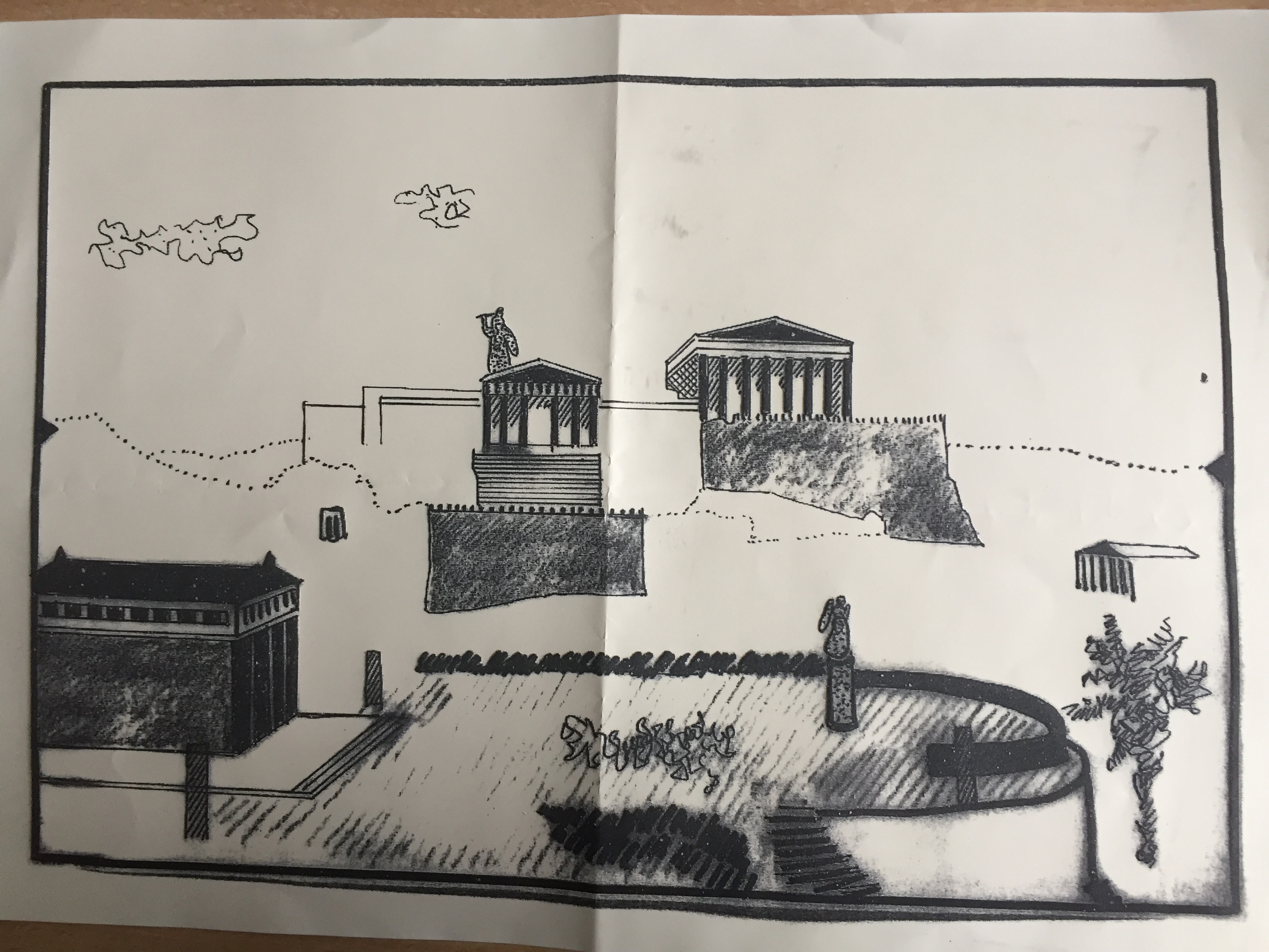 Simplified tactile version of a painting by Leo von Klenze, showing the Parthenon and a similar but smaller building next to it. In front of them is a large area of land with a curved edge, in which a group of people are gathered between a building and a statue.