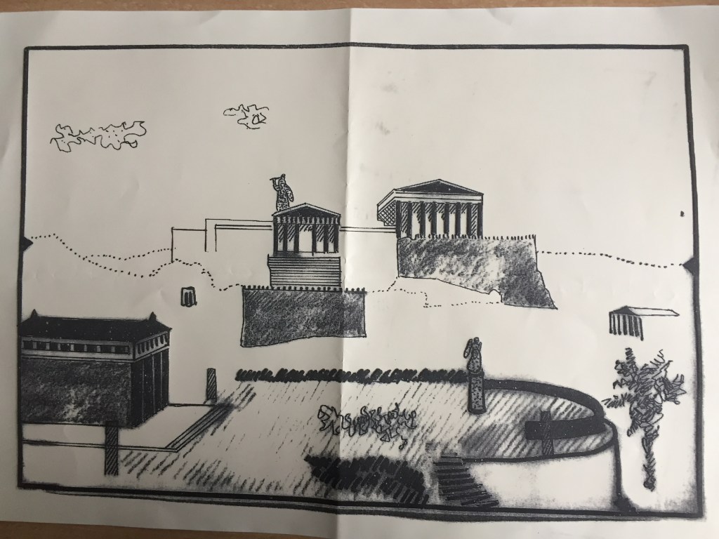 Simplified tactile version of a painting by Leo von Klenze, showing the Parthenon and a similar but smaller building next to it. In front of them is a large area of land with a curved edge, in which a group of people are gathered between a building and a statue.