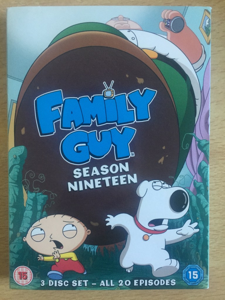 DVD cover for Family Guy season 19, with a shrunken baby Stewie and dog Brian running away in terror as Peter's giant foot is about to step on them both.