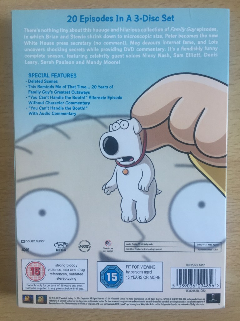 Back cover of the DVD for Family Guy Season 19, with shrunken dog Brian being picked up by a giant baby Stewie.