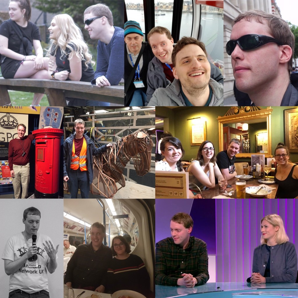 Collage of 9 photos of me in 2019, some with friends and some by myself. They show me admiring the view from a bridge in a park, riding on the Emirates Airline cable car, wearing my green-tinted sunglasses outside the Science Museum, posing by a red postbox in the Postal Museum and a War Horse model at the National Theatre, enjoying a pub social, giving a conference speech, eating dinner on a vintage Tube train, and appearing on 5 News on TV.