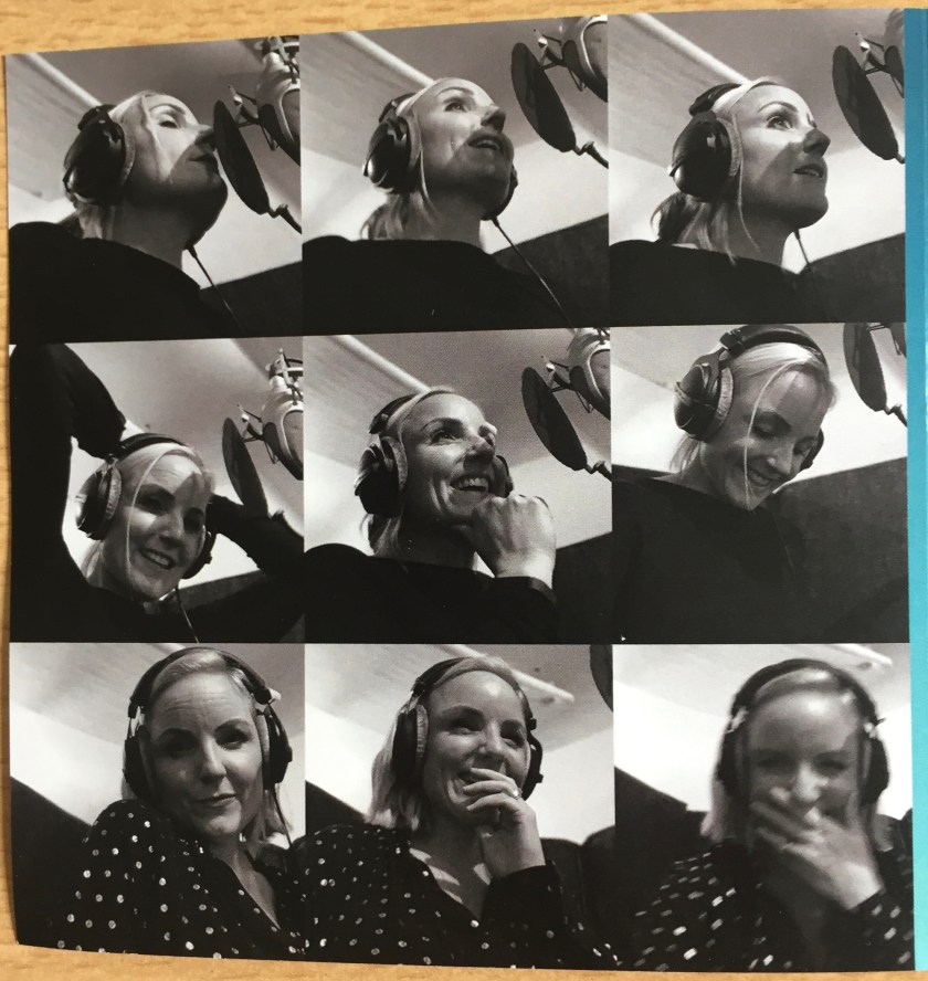 A collage of 9 black and white photos of Kerry singing and laughing by a microphone, during a recording session for the album.
