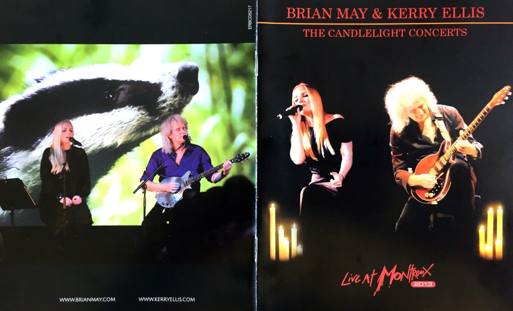 Front and back cover spread of the Blu-ray booklet for The Candlelight Concerts, showing Kerry Ellis and Brian May sitting on stools as they perform on stage. The front cover shows candles around them, while the back cover has a badger on the large video screen behind them.