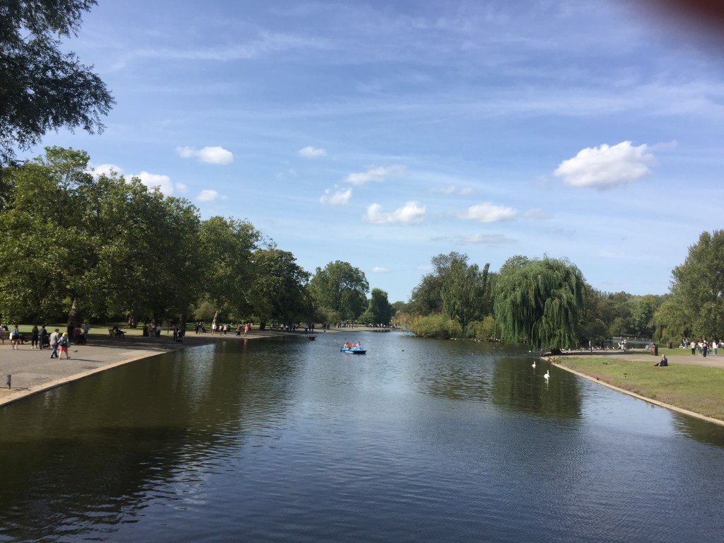 The large boating lake in Regent's Park in the sunshine.