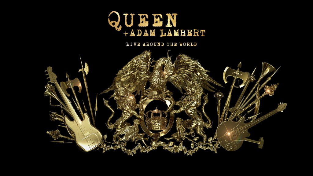 A large, shiny, gold, ornately decorated 3D version of the Queen crest, featuring a phoenix, lions and fairies surrounding a large letter Q, and large axes and guitars on the left and right. Above the crest, gold lettering reads Queen & Adam Lambert - Live Around The World.