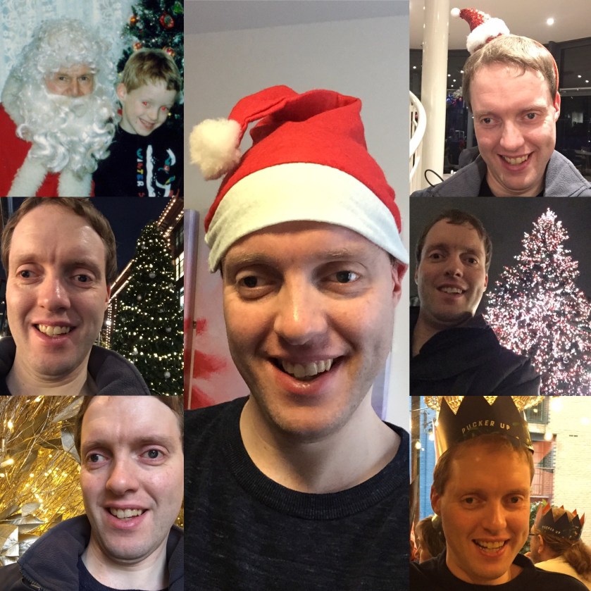 Collage of festive photos of Glen. The tall central photo shows him smiling and wearing a Santa hat. Columns of 3 photos on either side show him wearing a smaller Santa hat, wearing a hat from a Christmas cracker, standing in front of Christmas trees and decorations, and as a child sitting on Santa's lap.