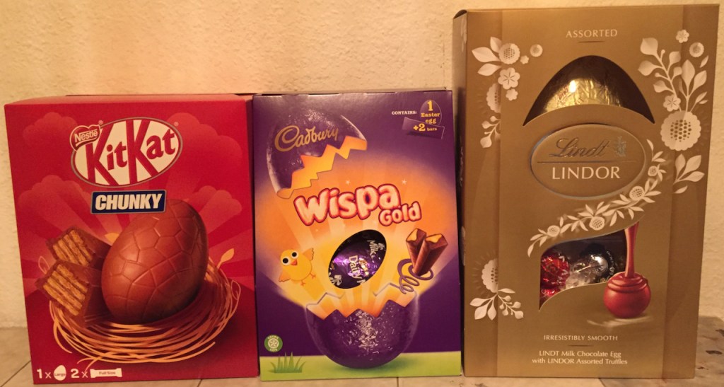Kit Kat Chunky, Wispa Gold and Lindt Easter Eggs