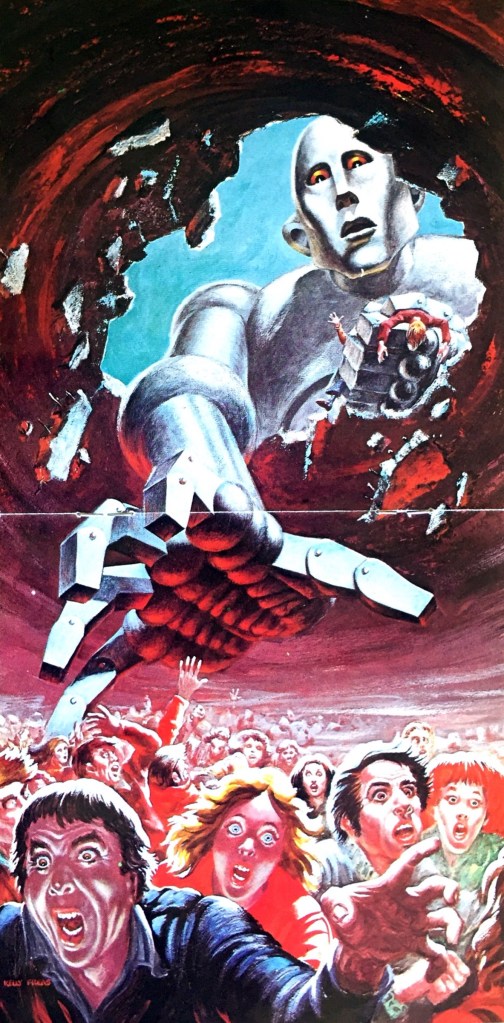 2 page spread from the album booklet for News Of The World, showing the steel robot from the cover reaching down to try and grab the people below, who are screaming and running away from him.