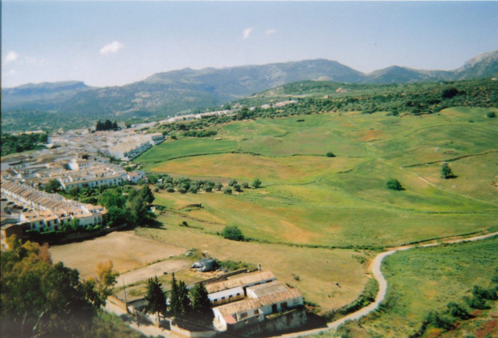 Another scenic view of Ronda, with a wide expanse of green on the right, and terraced buildings in the town on the left.