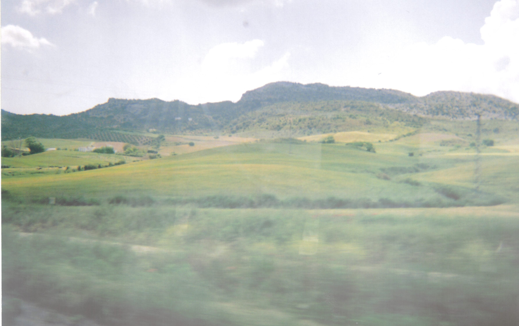 Another scenic view of fields and hills from the train in Ronda.