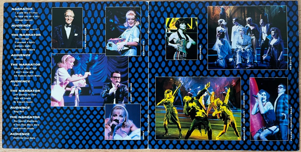 CD booklet 2-page spread from the 1998 live Rocky Horror album. Photos show many of the characters performing and dancing in the show, including Nicholas Parsons as the Narrator and Jason Donovan as Frank N. Furter. A column of text on the left shows a section of audience interaction with the Narrator, including Brad and Janet being called asshole and slut respectively, and the Narrator being asked to describe his balls.
