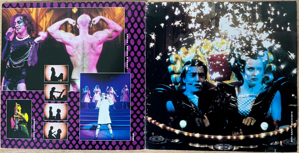 CD booklet 2-page spread from the 1998 live Rocky Horror album. Photos show Frank N. Furter with Rocky, the concealed shadow of Frank N. Furter in bed with Janet, Brad singing in a white robe, someone playing a saxophone, and Riff Raff with Magenta in their golden spacesuits.