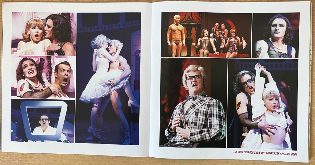 Double-page spread from the Rocky Horror 40th anniversary photo book. The various images show Brad and Janet each being seduced by Frank N. Furter, Janet getting physical with Frank's handsome creation Rocky, and other photos showing Frank, Rocky, Dr Everett Scott and the Transylvanians.