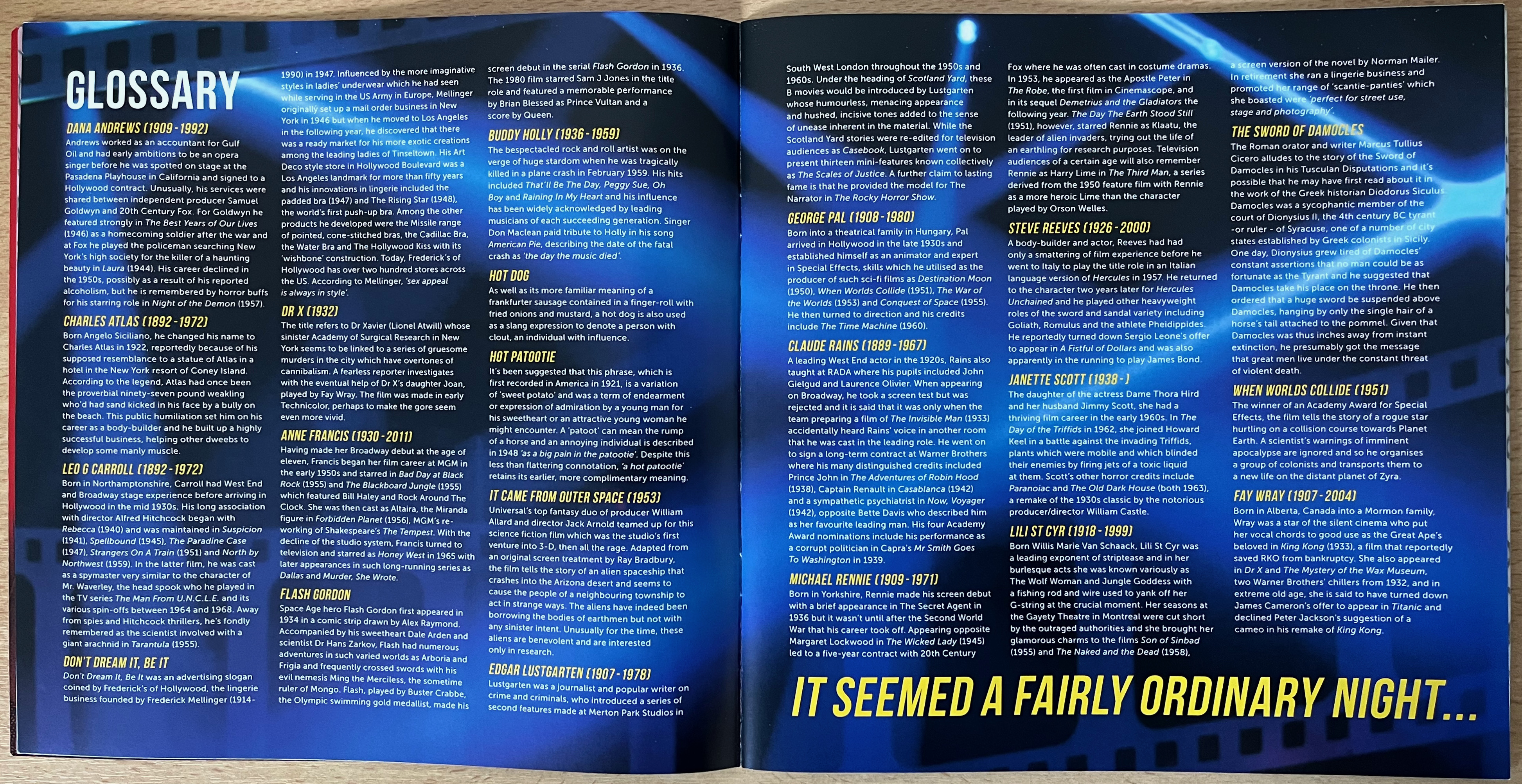 Glossary from the Rocky Horror 40th anniversary tour brochure, explaining many of the names and phrases referenced in the show.